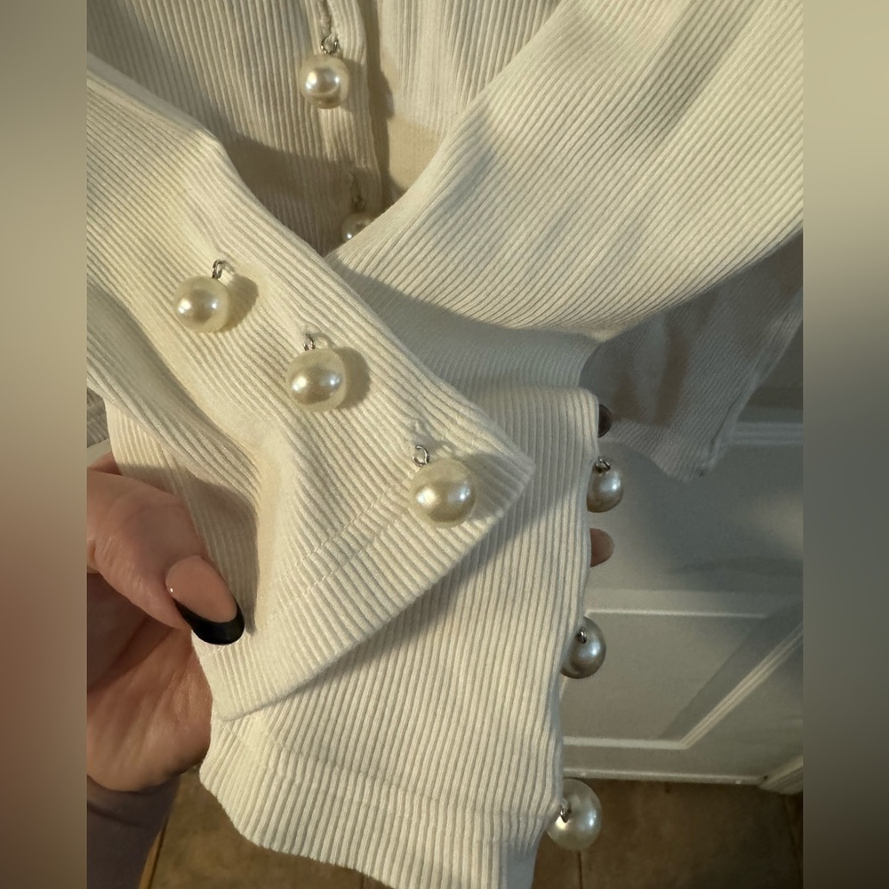 90’s Rib Knit Pearl Button Up Scallop Collar Cardigan Cotton Girly Whimsical VTG - Picture 13 of 13